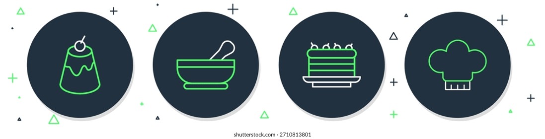 Fije la línea Mortero y almirez, pastel, crema de pudín y el icono del sombrero del chef. Vector