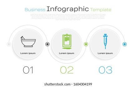Set line Mortar and pestle, Clipboard with document and Syringe. Business infographic template. Vector
