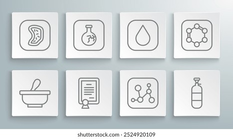 Set line Mortar and pestle, Cracked flask, Certificate template, Chemical formula, Propane gas tank, Water drop, Formula of benzene rings and Bacteria icon. Vector