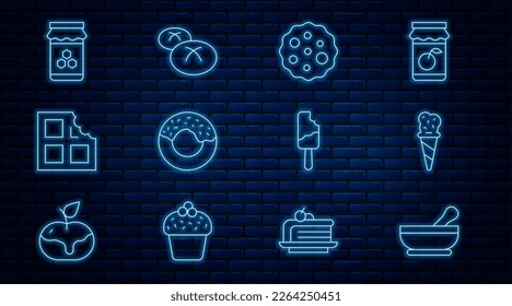 Set line Mortar and pestle, Ice cream in waffle cone, Cookie biscuit, Donut, Chocolate bar, Jar of honey,  and Bread loaf icon. Vector