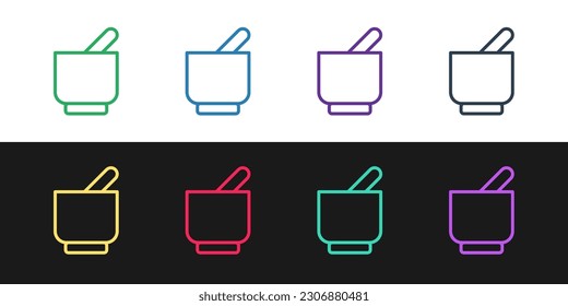 Set line Mortar and pestle icon isolated on black and white background.  Vector