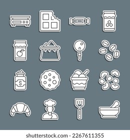 Set line Mortar and pestle, Jelly candy, Coffee beans, Candy, Bag flour, Jam jar, Electronic scales and Lollipop icon. Vector