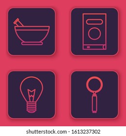 Set line Mortar and pestle, Light bulb with concept of idea, Book and Magnifying glass. Blue square button. Vector