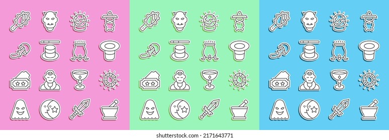 Set line Mortar and pestle, Magic stone, hat, ball, wand, Psilocybin mushroom, hand mirror and Witch cauldron icon. Vector