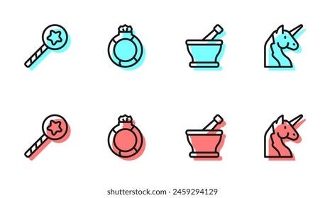 Set line Mortar and pestle, Magic wand, stone ring with gem and Unicorn icon. Vector