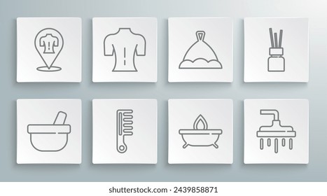 Set line Mortar and pestle, Massage, Hairbrush, Aroma candle, Shower head, Sauna hat, diffuser and  icon. Vector