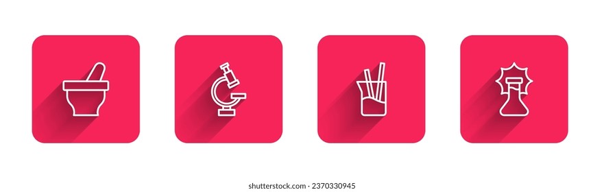 Set line Mortar and pestle, Microscope, Laboratory glassware and Explosion in the flask with long shadow. Red square button. Vector