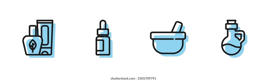Set line Mortar and pestle, Ointment cream tube, Essential oil bottle and  icon. Vector