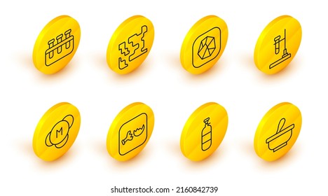 Set Line Mortar And Pestle, Propane Gas Tank, Broken Flask, Molecule, Test Tube On Fire, Salt Stone, Gaseous And  Icon. Vector