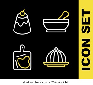 Set line Mortar and pestle, Pudding custard, Cutting board and  icon. Vector