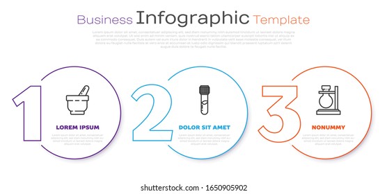 Set line Mortar and pestle, Test tube and flask chemical and Test tube flask on stand. Business infographic template. Vector