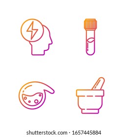 Set line Mortar and pestle, Test tube and flask chemical, Head and electric symbol and Test tube and flask chemical. Gradient color icons. Vector