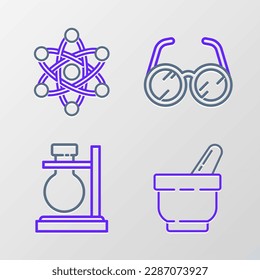Fijar la línea Mortero y almirez, el matraz del tubo de ensayo sobre el soporte, gafas de laboratorio e icono Átomo. Vector