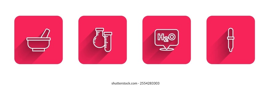 Set line Mortar and pestle, Test tube flask, Chemical formula for H2O and Pipette with long shadow. Red square button. Vector