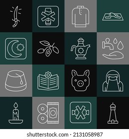 Set Linie Moschee Turm oder Minarett, muslimische Frau niqab, Wudhu, Shirt kurta, Date Frucht, Stern und Crescent, arabische Säbel und islamische Teekontrolle Symbol. Vektorgrafik