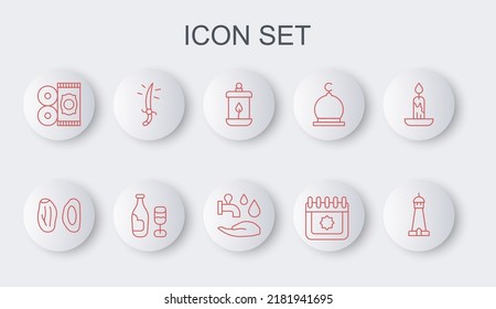 Fijar la línea de la torre o minarete de la mezquita, Fruto de la cita, farol de Ramadán Kareem, calendario, alfombra tradicional, sable árabe, botella de vino con vidrio e icono de Wudhu. Vector
