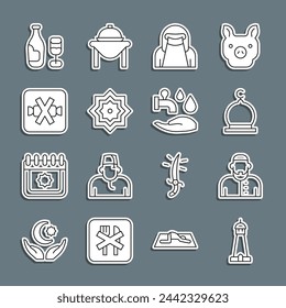 Torre de la mezquita o minarete, hombre musulmán, mujer niqab, estrella octogonal, sin dulces, botella de vino con vidrio y el icono de Wudhu. Vector