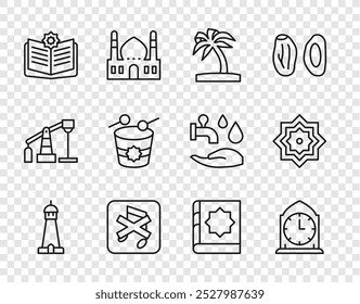 Set line Mosque tower or minaret, Clock, Tropical palm tree, Speaker mute, Holy book of Koran, Ramadan drum,  and Octagonal star icon. Vector