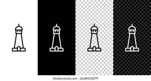 Conjunto de línea Torre de la mezquita o icono de minarete aislado en blanco y negro, fondo transparente.  Vector