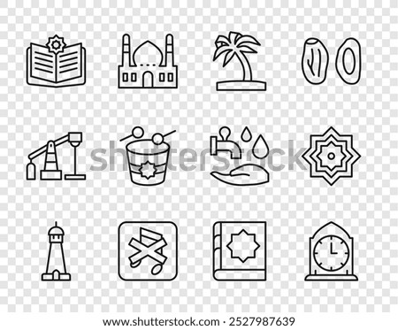 Set line Mosque tower or minaret, Clock, Tropical palm tree, Speaker mute, Holy book of Koran, Ramadan drum,  and Octagonal star icon. Vector