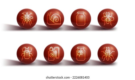 Set line Mosquito, Beetle bug, Insect fly, Spider in jar, Pressure sprayer, Snail, Termite and Glass icon. Vector