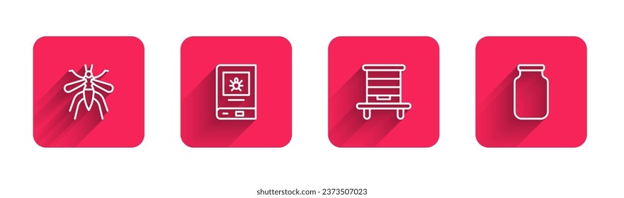 Set line Mosquito, Book about insect, Hive for bees and Glass jar with long shadow. Red square button. Vector