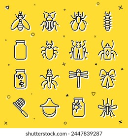 Set line Mosquito, Clothes moth, Beetle bug, Insect fly, deer, Glass jar,  and  icon. Vector