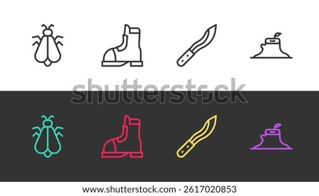 Set line Mosquito, Hunter boots, Machete and Tree stump on black and white. Vector