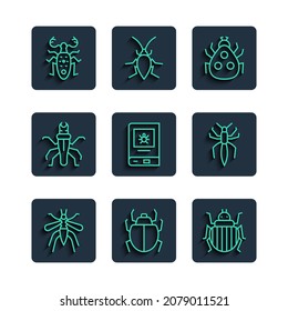 Set line Mosquito, Mite, Colorado beetle, Ladybug, Book about insect, Termite, Beetle deer and Spider icon. Vector