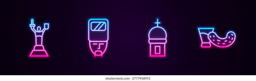 Set line Mother Motherland monument, Ukrainian cossack, Church tower and Glass with vodka. Glowing neon icon. Vector