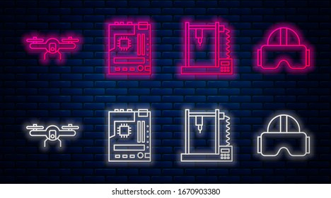 Placa base de línea, impresora 3D, vuelo de drones y gafas de realidad virtual. Icono de neón brillante en la pared de ladrillo. Vector