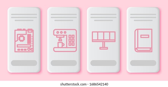 Set line Motherboard, Coffee machine, Solar energy panel and User manual. White rectangle button. Vector