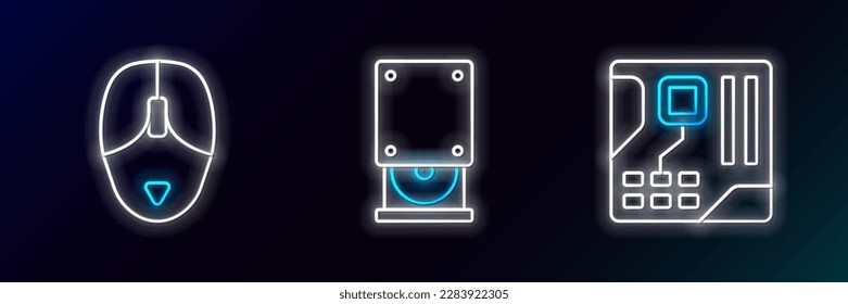 Set line Motherboard digital chip, Computer mouse and Optical disc drive icon. Glowing neon. Vector