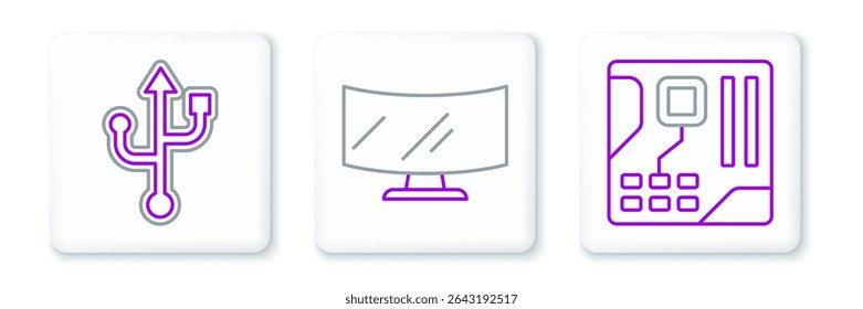 Set line Motherboard digital chip, USB and Computer monitor screen icon. Vector