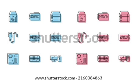Set line Motherboard digital chip, Keyboard, Uninterruptible power supply, Computer monitor, SSHD card, SSD, USB cable cord and Hard disk drive HDD icon. Vector