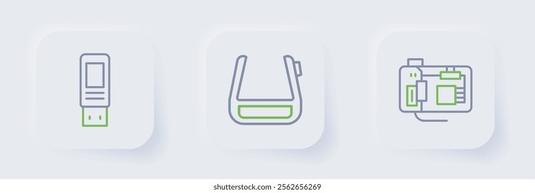 Set line Motherboard, Smart glasses on spectacles and USB flash drive icon. Vector