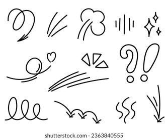 Set of line motion elements, emotional effect design icon. Hand drawn doodle line element arrow, accent, wind, shine. Vector illustration.