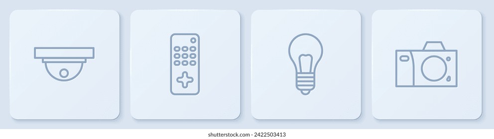 Set line Motion sensor, Light bulb with concept of idea, Remote control and Photo camera. White square button. Vector