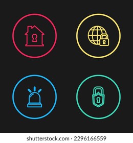 Set line Motion sensor, Lock, Global lockdown and House under protection icon. Vector
