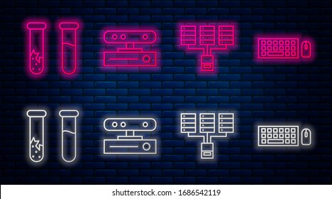 Set line Motion sensor, Server, Data, Web Hosting, Test tube and flask and Keyboard and mouse. Glowing neon icon on brick wall. Vector