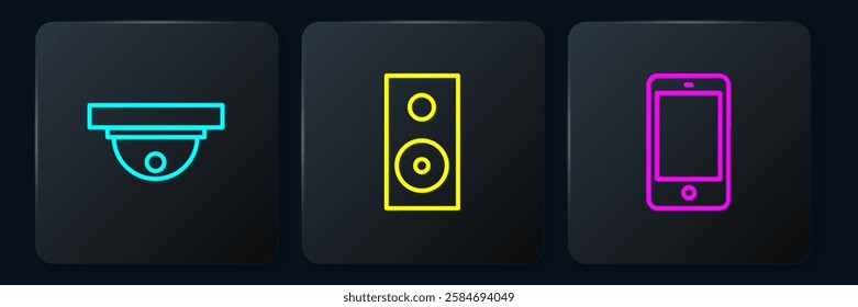 Set line Motion sensor, Smartphone, mobile phone and Stereo speaker. Black square button. Vector