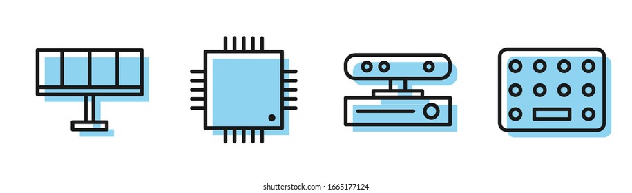 Set line Motion sensor, Solar energy panel, Processor with microcircuits CPU and Pills in blister pack icon. Vector