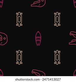 Set line Motocross motorcycle helmet, Longboard skateboard and Surfboard on seamless pattern. Vector