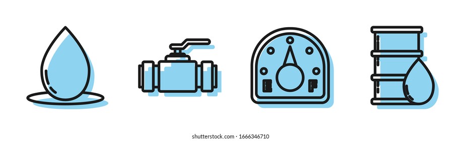 Set line Motor gas gauge, Oil drop, Industry metallic pipes and valve and Barrel oil icon. Vector