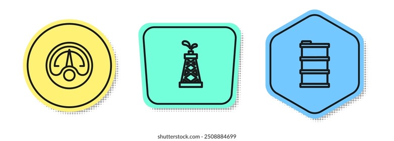 Set line Motor gas gauge, Oil rig and Barrel oil. Colored shapes. Vector