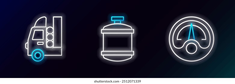 Gálibo de gas del motor, tanque de gas para el vehículo y el icono del propano. Brillante neón. Vector