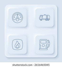 Set line Motor gas gauge, Tanker truck, Fire flame and Petrol station. White square button. Vector