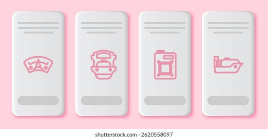 Set line Motor gas gauge, Oil tanker ship, Canister for motor oil and . White rectangle button. Vector