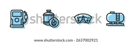 Set line Motor gas gauge, Petrol station, Propane tank and Oil storage icon. Vector