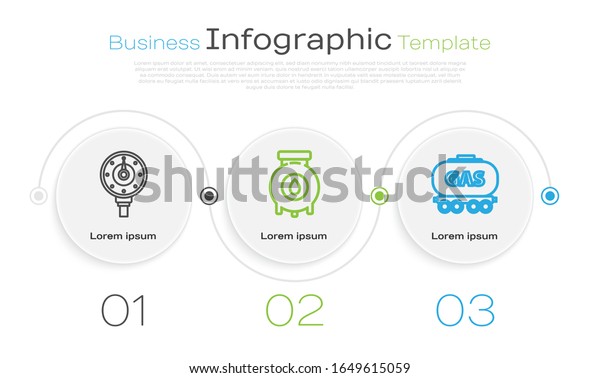 Set line Motor gas gauge, Oil and gas industrial\
factory building and Gas railway cistern. Business infographic\
template. Vector